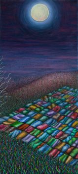 Magical realism painting by Wendy Widell Wolff -  Quilt in moonlight