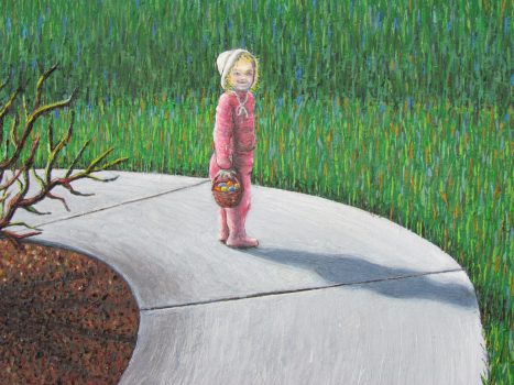 Magical realism painting by Wendy Widell Wolff - Spring with little girl in driveway (detail)