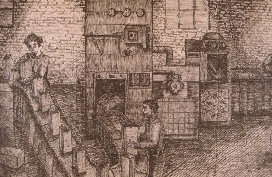 Ink drawing on brown paper bag by Wendy Widell Wolff - a paper bag factory (detail of women working)