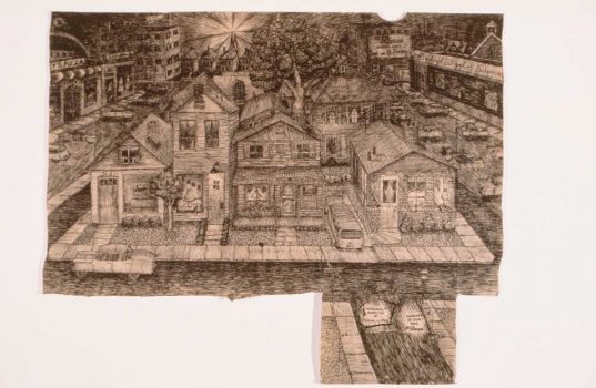 Ink drawing on brown paper bag by Wendy Widell Wolff - a suburban neighborhood