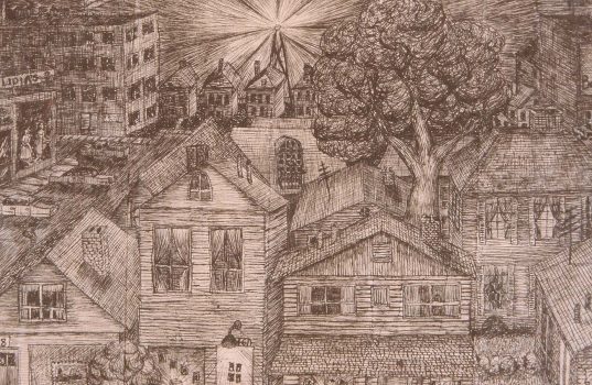 Ink drawing on brown paper bag by Wendy Widell Wolff - a suburban neighborhood (detail)