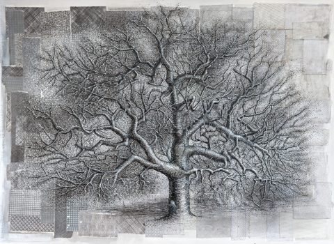 Drawing on collage background (leafless tree) by Wendy Widell Wolff