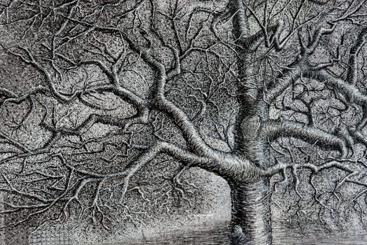 Drawing on collage background (leafless tree) by Wendy Widell Wolff (detail)