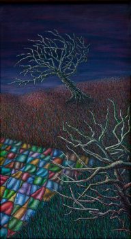 Magical realism painting by Wendy Widell Wolff -  Quilt and trees at night