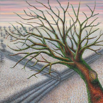 Magical realism painting by Wendy Widell Wolff -  leafless tree in winter